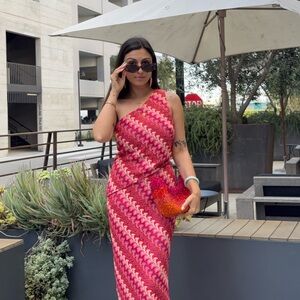 Lulu's Pink and Red One-Shoulder Dress